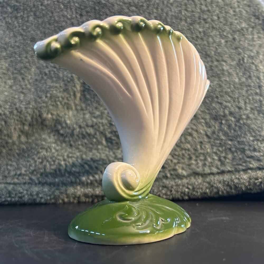 Beauceware Green and White MCM Cornucopia Vase Ceramic Pottery c1950